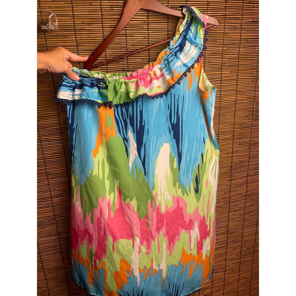 Mud Pie Bag Lady One Shoulder Ruffle Pom Pom Abstract Watercolor Top XL